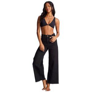 MinkPink MPD Tag NEW Wide Leg High Waist Raw Hem Jeans Crop Black Pants Boho L